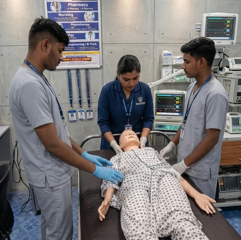 Physiotherapy student practising a clinical technique on a training manikin at L.N. Paramedical Institute, Borivali