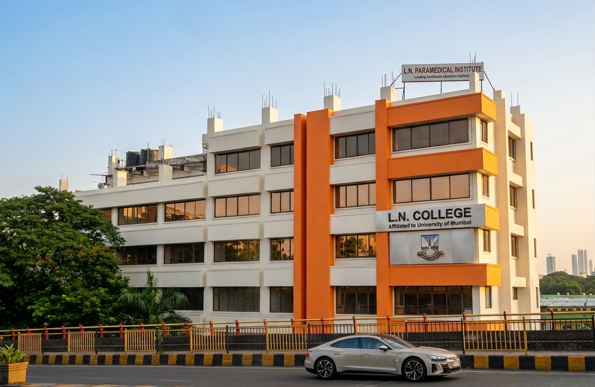 Exterior view of L.N. College and LN Paramedical Institute building campus in Mumbai, affiliated with the University of Mumbai